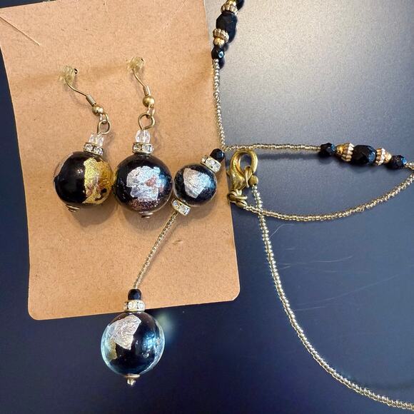 Murano Jewelry - Murano Glass Black Silver Gold Foil Beaded Earrings Necklace